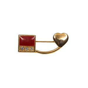 Gold Tone Enameled Square And Heart Rhinestone Brooch Pin - 1.25 Inches Long